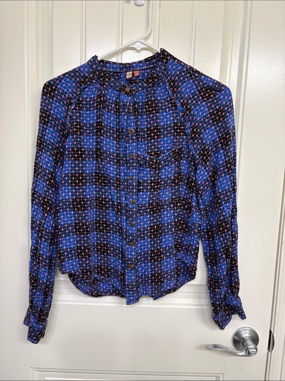 Pilcro Anthropologie Blue and Black Plaid Button-Front Long Sleeve Shirt